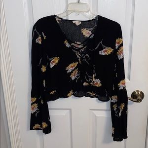 Black Floral Blouse with Bell Sleeves